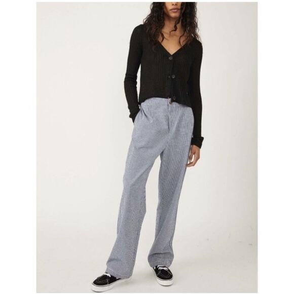Free People Pants - Free People Kate‎ Gingham Pants Navy White 100% Cotton Straight Leg Size Medium